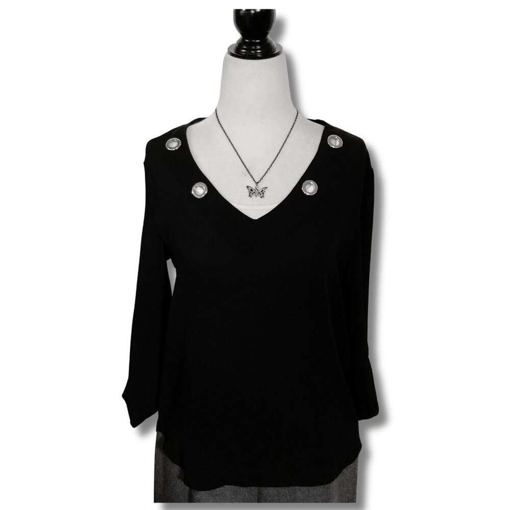 WAREHOUSE ONE Black semi-sheer shirt with silver tone grommets ~ XS SMALL top - Picture 3 of 14